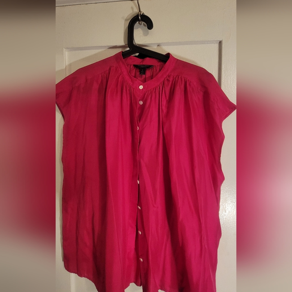 Bright pink 100% silk Short Sleeved banana Republic, size large